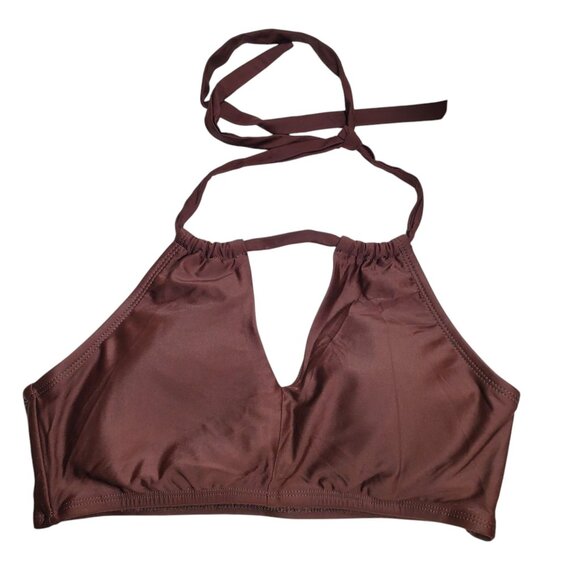 Time and Tru‎ Women's Brown Basic High Keyhole Neck Halter Bikini Top Size M - Picture 1 of 3